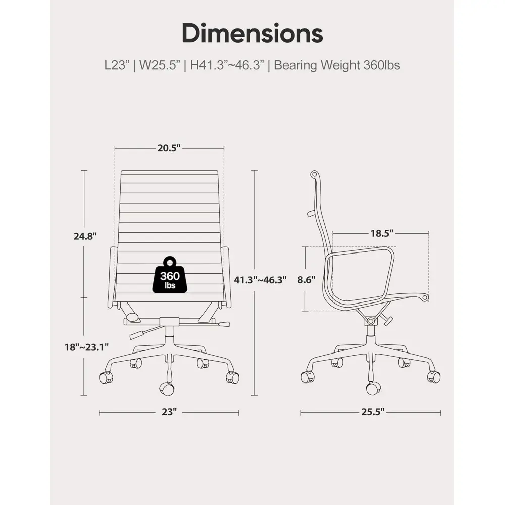 Ribbed Office Chair Top Grain Leather Desk Chair High Back Genuine Leather Swivel Chairs with Aluminum Alloy Arms & Base, with S