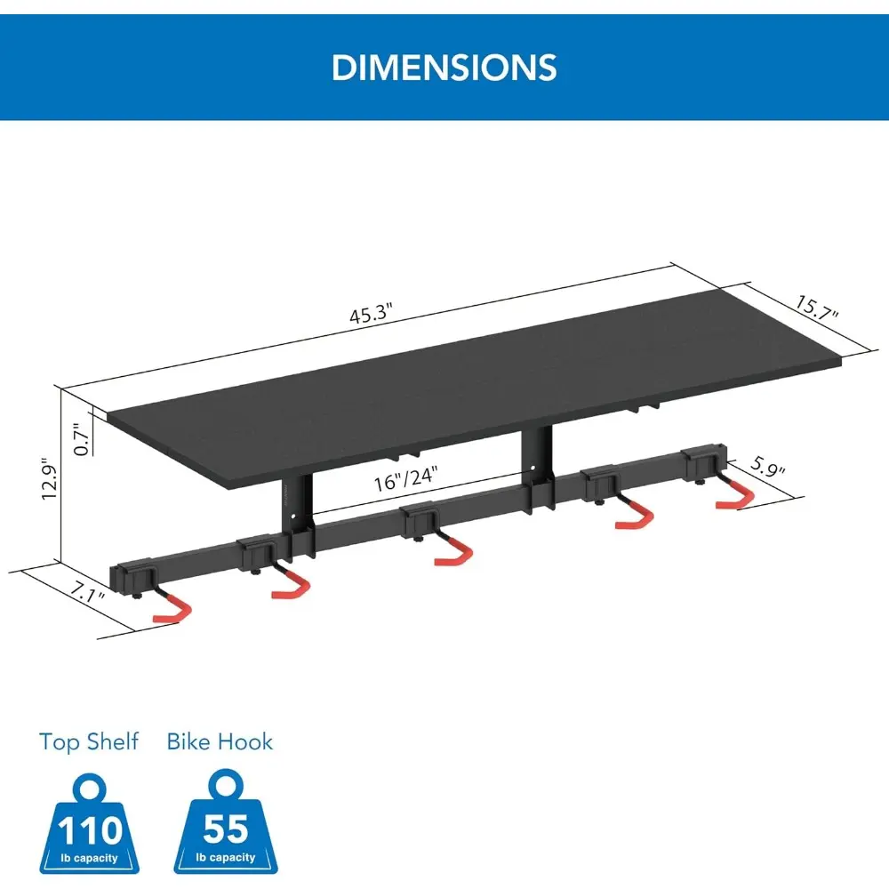 Mount-It! WheelsUp Bike Storage Rack with Shelf | Wall Mounted Garage Organizer Holds 5 Bikes | Adjustable Padded Hooks, Max Cap