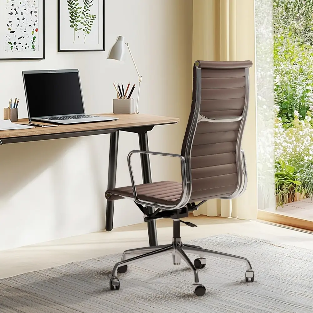 Ribbed Office Chair Top Grain Leather Desk Chair High Back Genuine Leather Swivel Chairs with Aluminum Alloy Arms & Base, with S