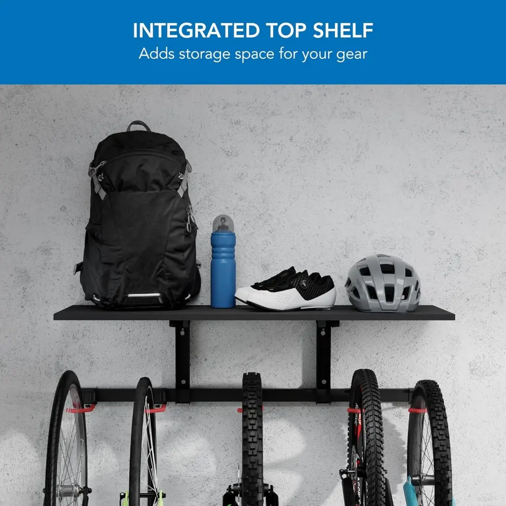 Mount-It! WheelsUp Bike Storage Rack with Shelf | Wall Mounted Garage Organizer Holds 5 Bikes | Adjustable Padded Hooks, Max Cap