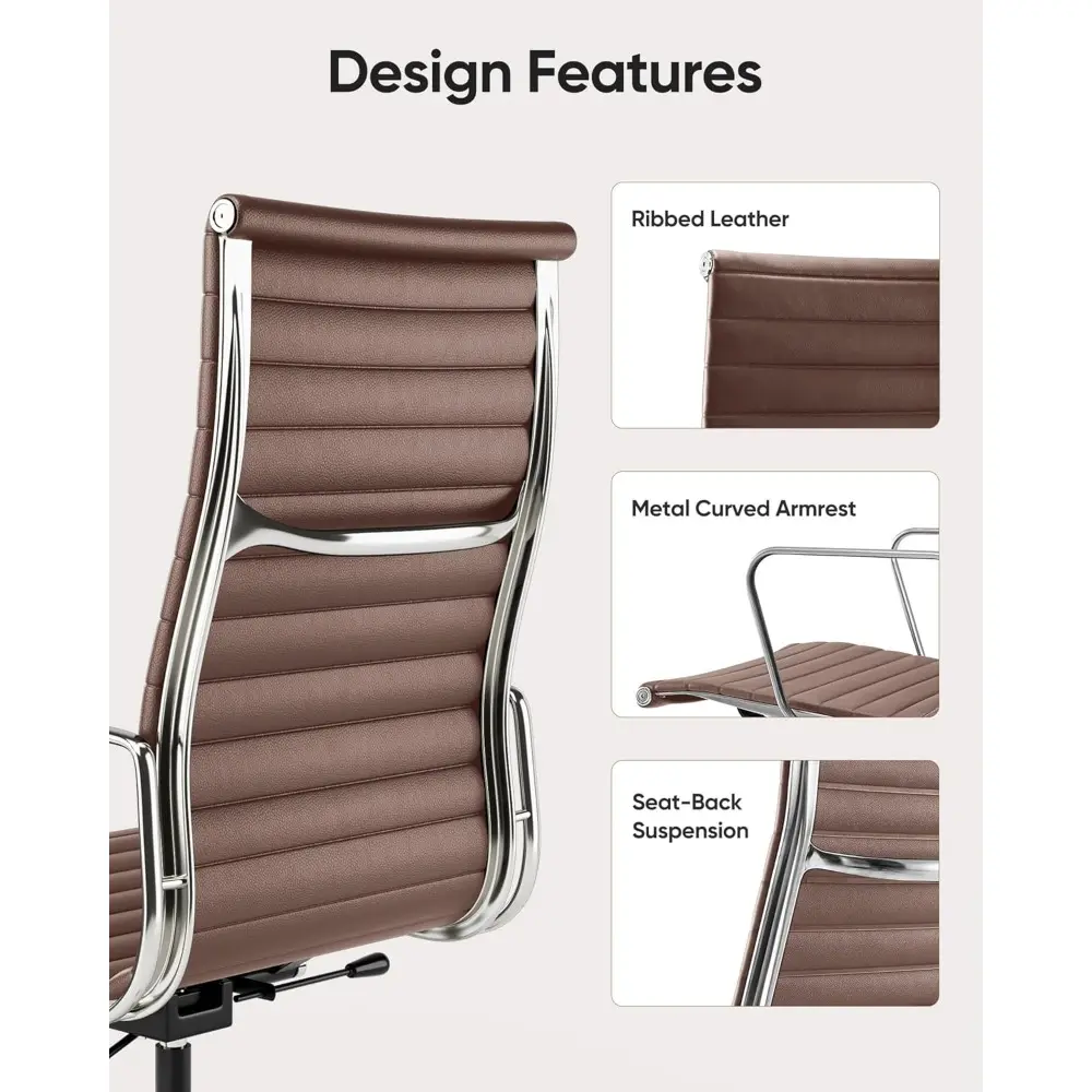 Ribbed Office Chair Top Grain Leather Desk Chair High Back Genuine Leather Swivel Chairs with Aluminum Alloy Arms & Base, with S