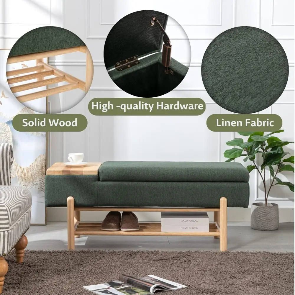 Green Storage Bench Modern Upholstered Bedroom Bench Storage Ottoman Bench with Cushion Seating for End of Bed, Living Room Entr
