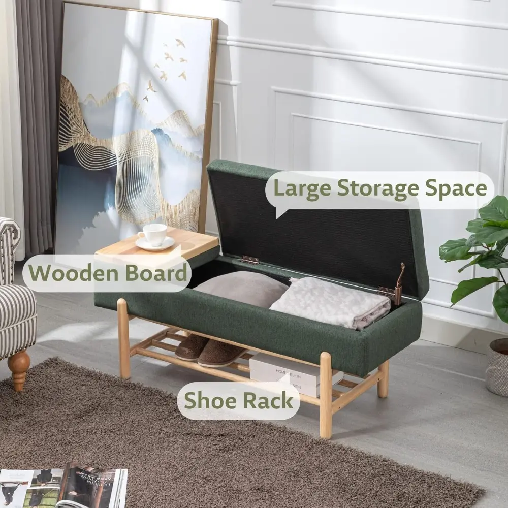Green Storage Bench Modern Upholstered Bedroom Bench Storage Ottoman Bench with Cushion Seating for End of Bed, Living Room Entr