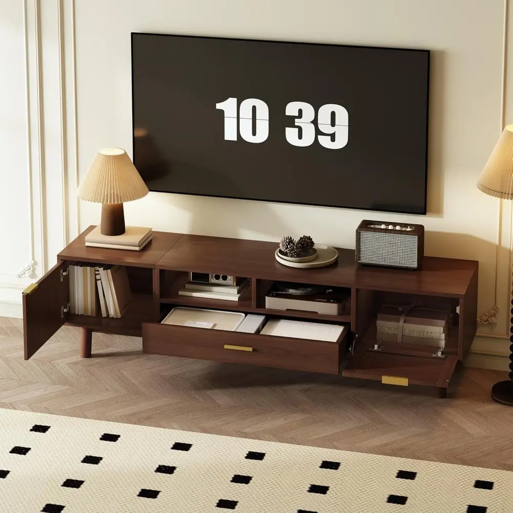 Mid Century Modern TV Stand for TVs up to 75”, Boho Entertainment Center, Media Console with 2 Doors, 1 Drawer and Open Shelves,
