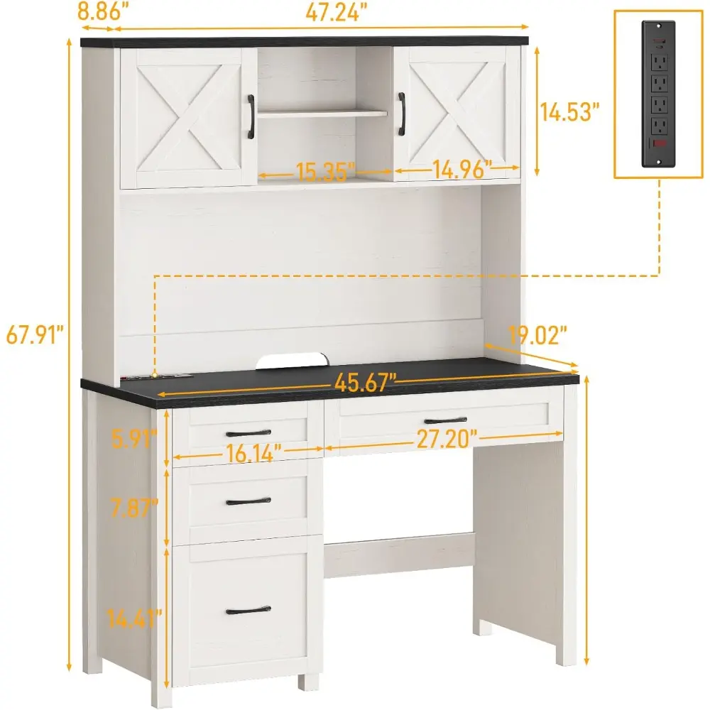 Farmhouse 67" H Executive Desk with Hutch, 4 Drawers and LED Light, Computer Desk with Storage Cabinet & File Drawers and Chargi