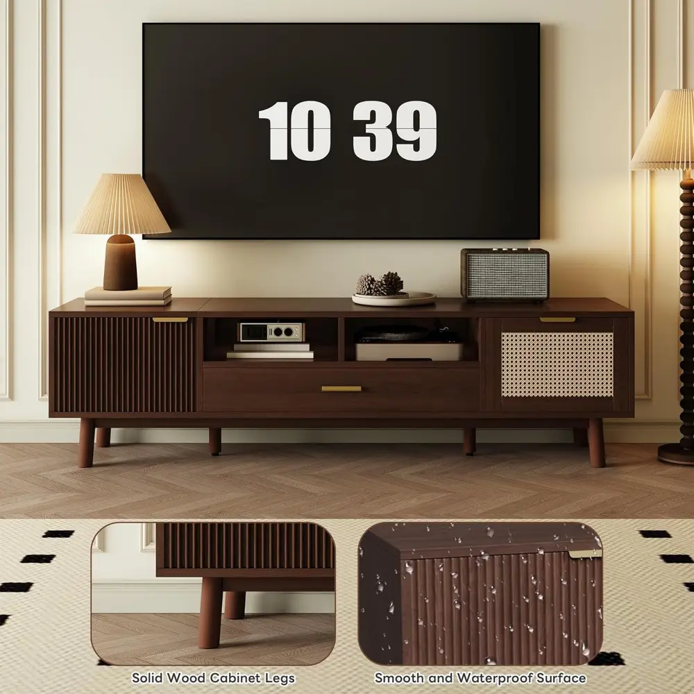 Mid Century Modern TV Stand for TVs up to 75”, Boho Entertainment Center, Media Console with 2 Doors, 1 Drawer and Open Shelves,