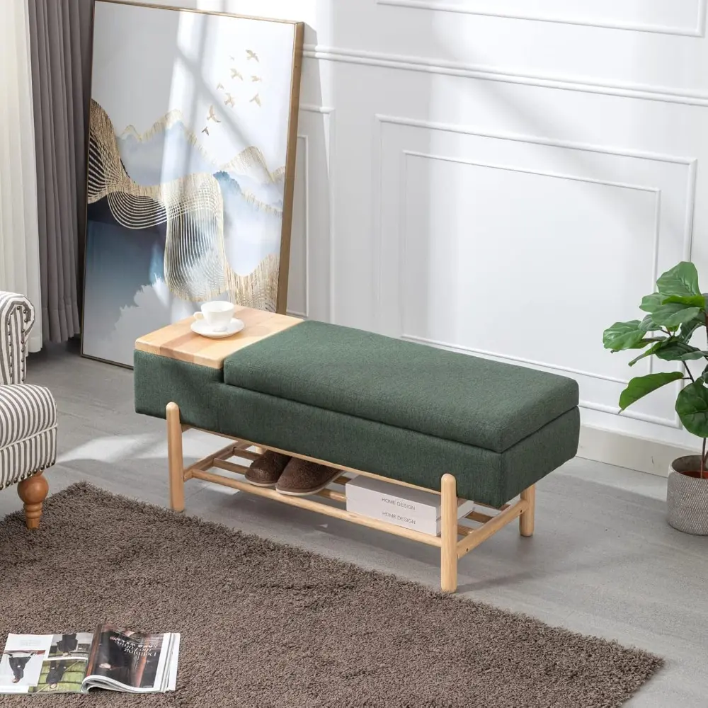 Green Storage Bench Modern Upholstered Bedroom Bench Storage Ottoman Bench with Cushion Seating for End of Bed, Living Room Entr
