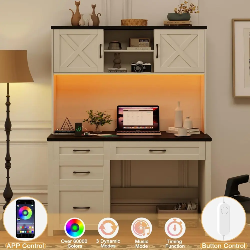 Farmhouse 67" H Executive Desk with Hutch, 4 Drawers and LED Light, Computer Desk with Storage Cabinet & File Drawers and Chargi