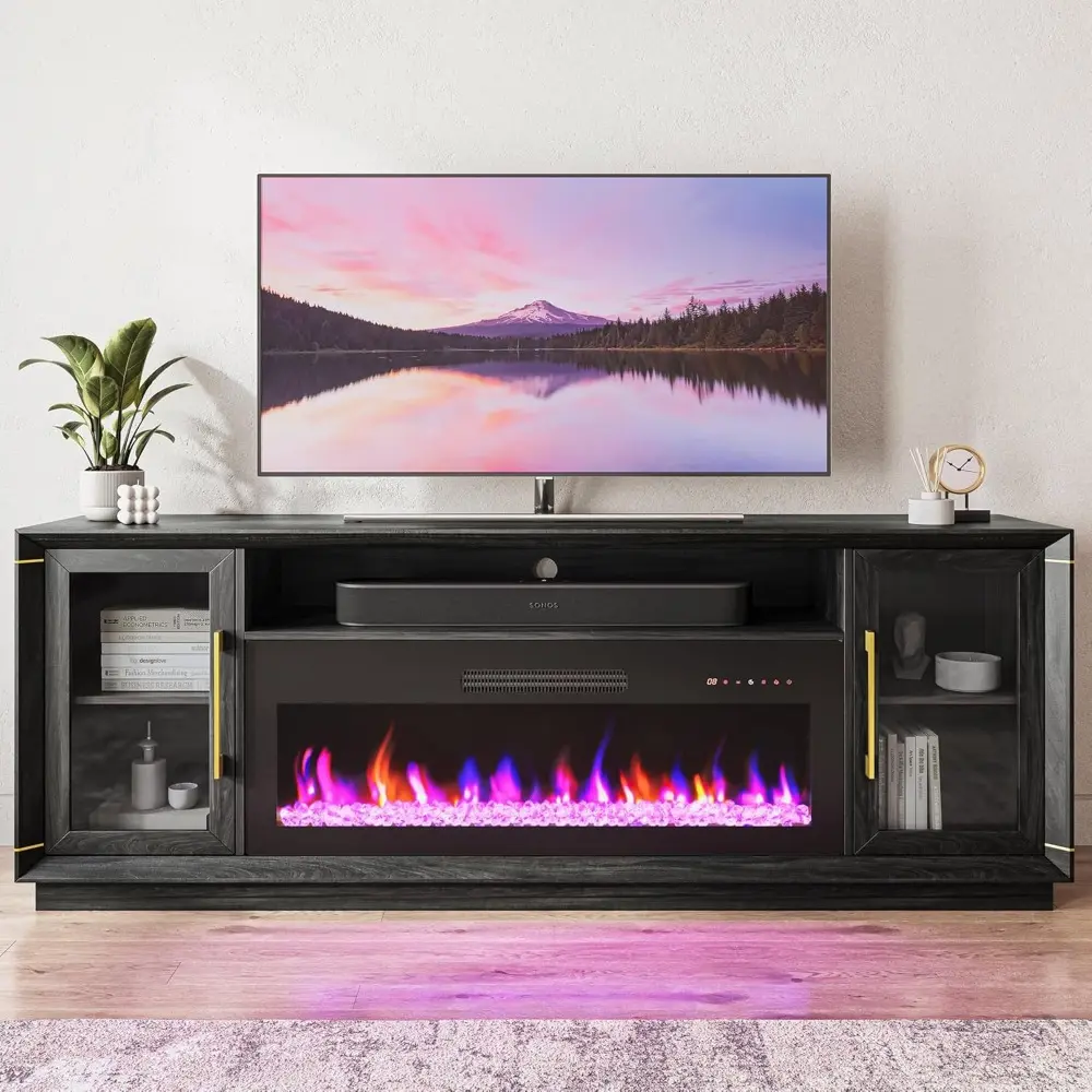 74" Extra Large TV Stand for TVs Up to 85", Media Console Table with 42" Electric Fireplace Heater, Entertainment Center with S