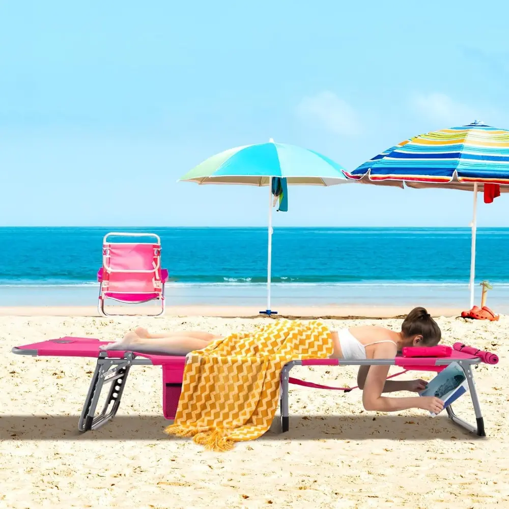 Pink 400LBS Beach Lounge Chair with Face Arm Hole & Hand Shoulder Strap, Folding Layout Sunbathing Chair, Face Down Outdoor Cha