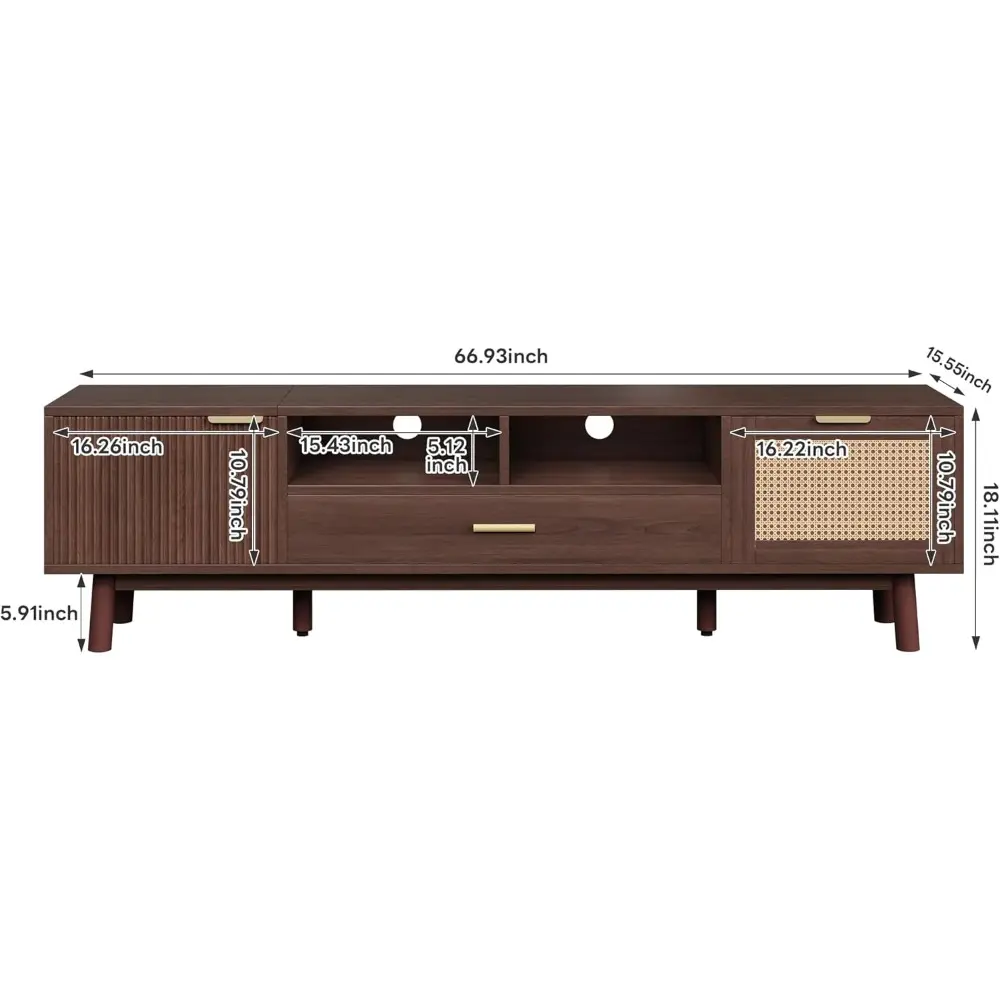 Mid Century Modern TV Stand for TVs up to 75”, Boho Entertainment Center, Media Console with 2 Doors, 1 Drawer and Open Shelves,