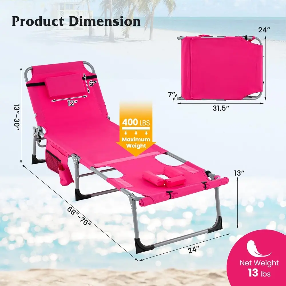 Pink 400LBS Beach Lounge Chair with Face Arm Hole & Hand Shoulder Strap, Folding Layout Sunbathing Chair, Face Down Outdoor Cha