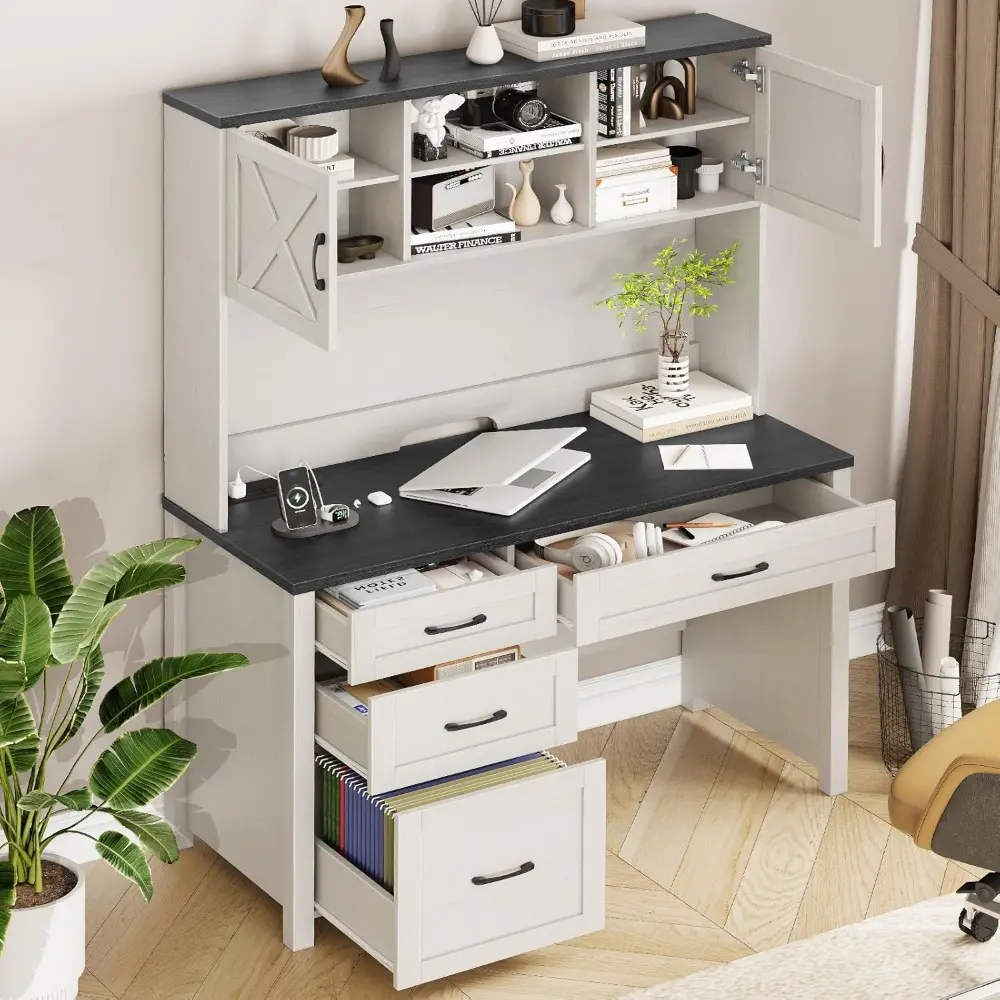 Farmhouse 67" H Executive Desk with Hutch, 4 Drawers and LED Light, Computer Desk with Storage Cabinet & File Drawers and Chargi