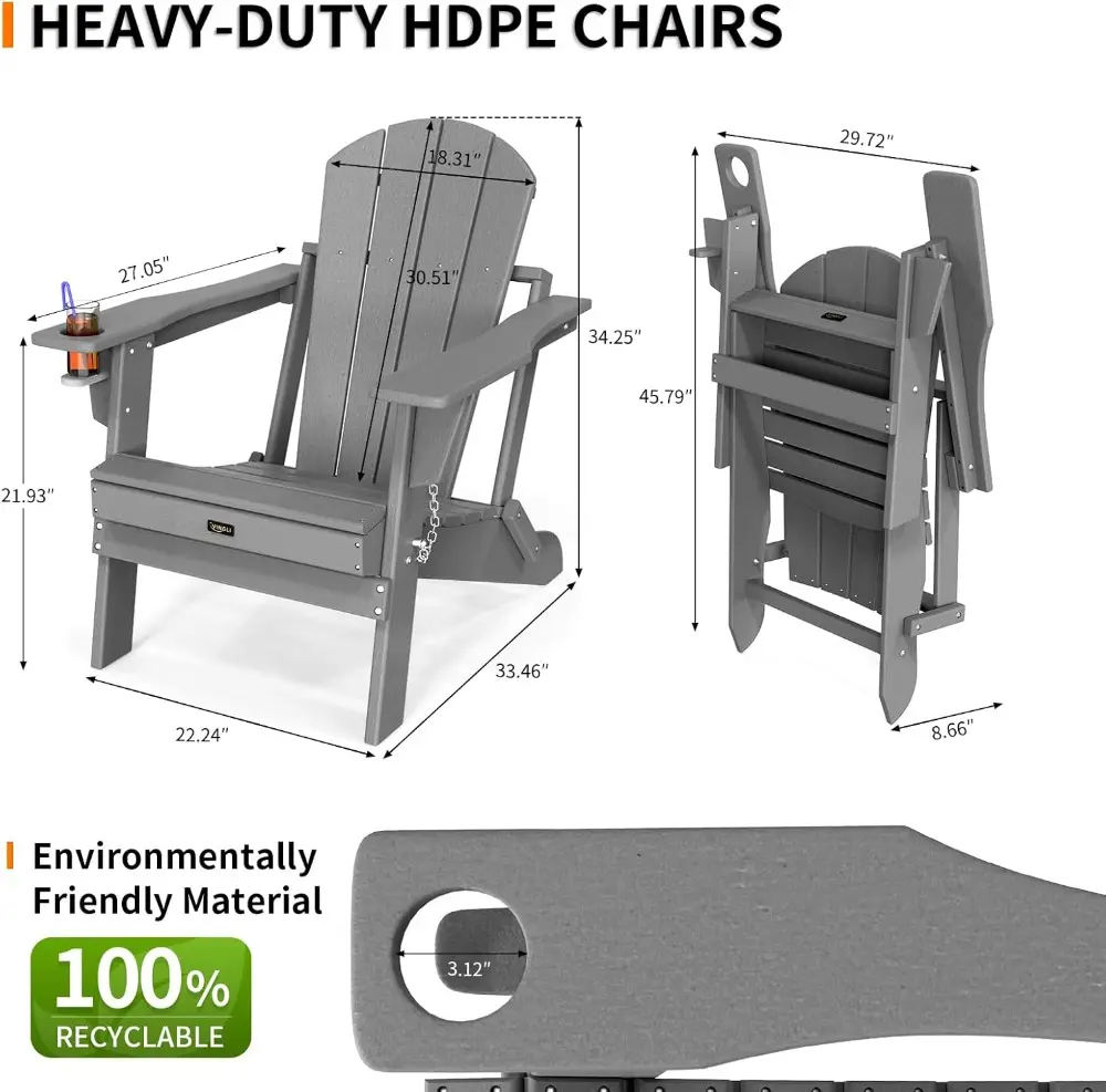 Plastic Adirondack Chairs Set of 2, Folding with Cup Holder, Waterproof HDPE Material, Comfortable 380lb Weight Capacity for