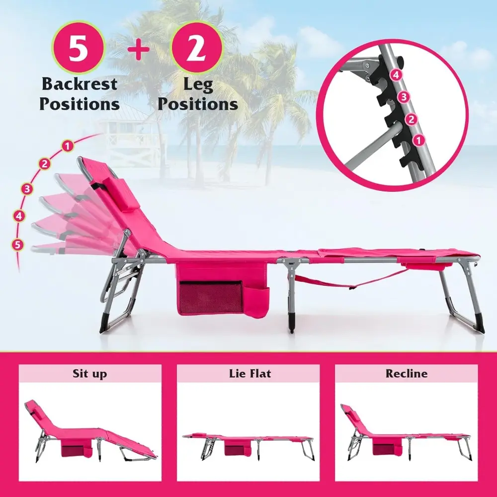 Pink 400LBS Beach Lounge Chair with Face Arm Hole & Hand Shoulder Strap, Folding Layout Sunbathing Chair, Face Down Outdoor Cha