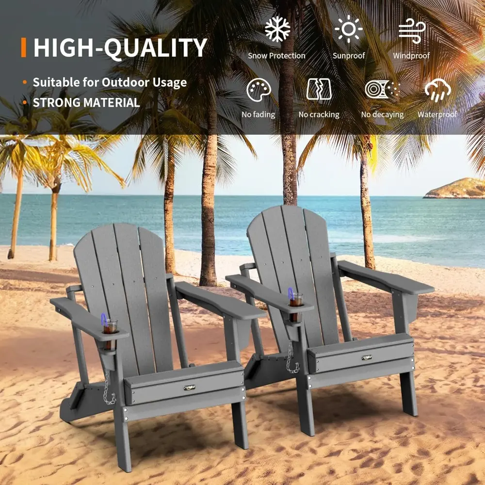 Plastic Adirondack Chairs Set of 2, Folding with Cup Holder, Waterproof HDPE Material, Comfortable 380lb Weight Capacity for