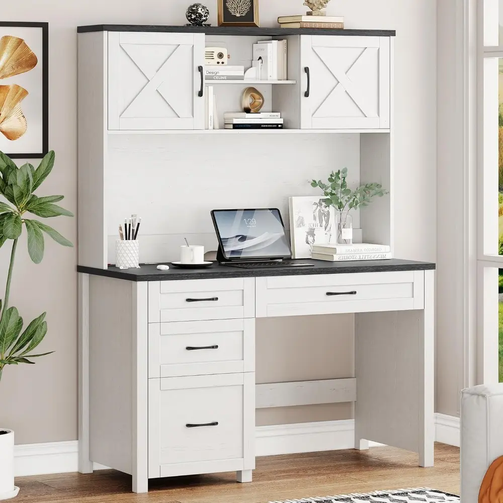Farmhouse 67" H Executive Desk with Hutch, 4 Drawers and LED Light, Computer Desk with Storage Cabinet & File Drawers and Chargi