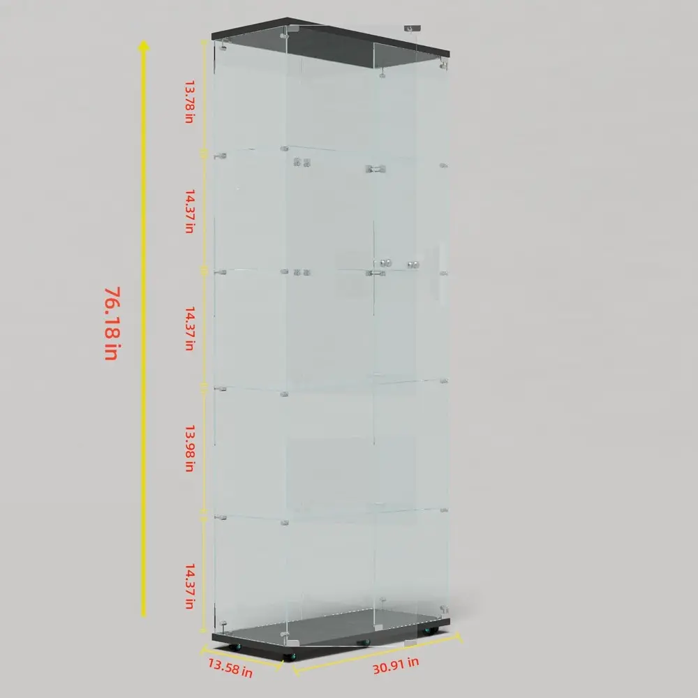 5-Tier Glass Display Cabinet with Bluetooth LED Light Strip, 2-Door Floor Standing Curio Cabinet with Universal Wheel for Home