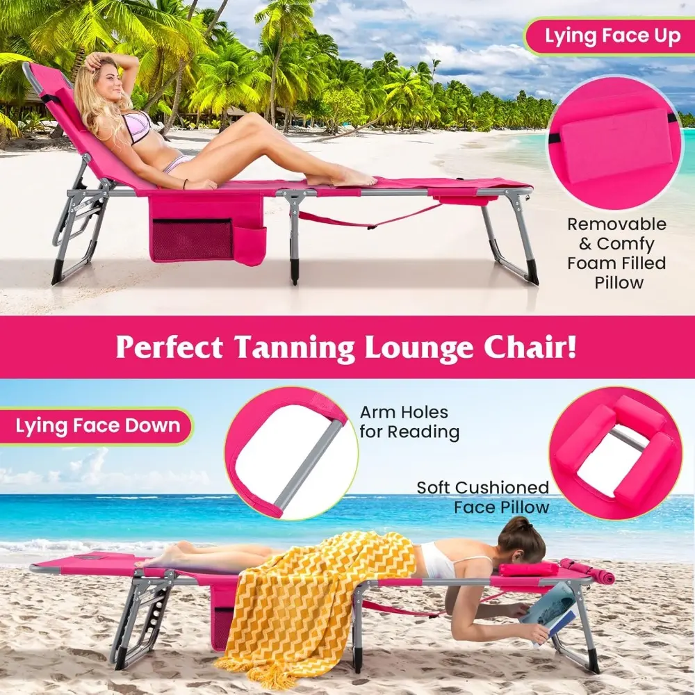 Pink 400LBS Beach Lounge Chair with Face Arm Hole & Hand Shoulder Strap, Folding Layout Sunbathing Chair, Face Down Outdoor Cha