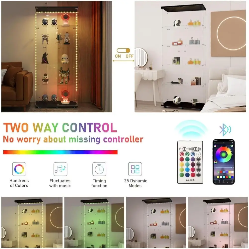 5-Tier Glass Display Cabinet with Bluetooth LED Light Strip, 2-Door Floor Standing Curio Cabinet with Universal Wheel for Home