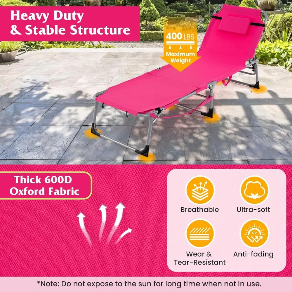 Pink 400LBS Beach Lounge Chair with Face Arm Hole & Hand Shoulder Strap, Folding Layout Sunbathing Chair, Face Down Outdoor Cha