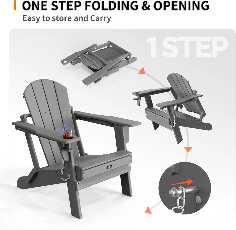 Plastic Adirondack Chairs Set of 2, Folding with Cup Holder, Waterproof HDPE Material, Comfortable 380lb Weight Capacity for