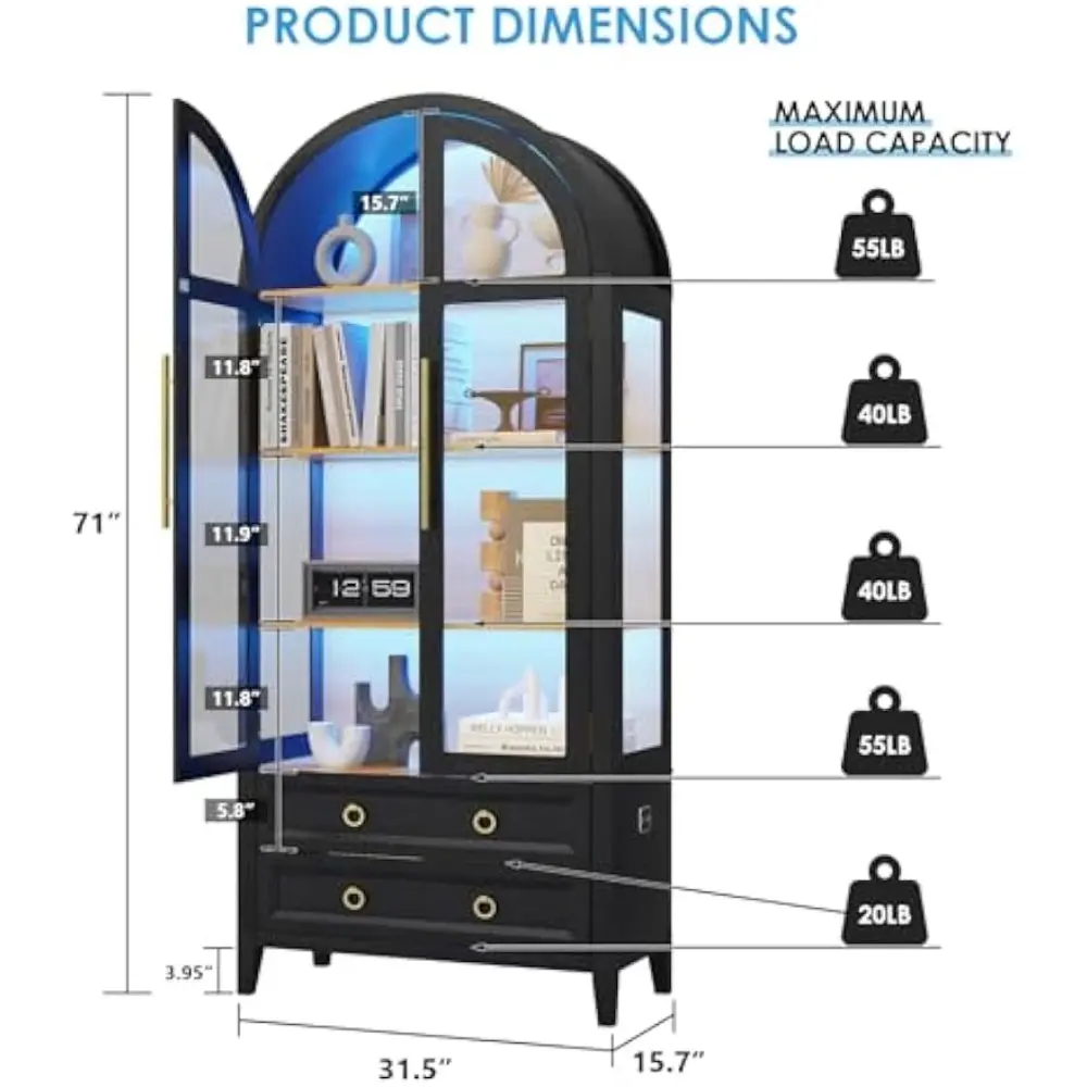 71" Arched Display Cabinet with Glass Doors, 4-Tier Curio Cabinet with 3 Color Lights for Collectibles, Glass Display Case with