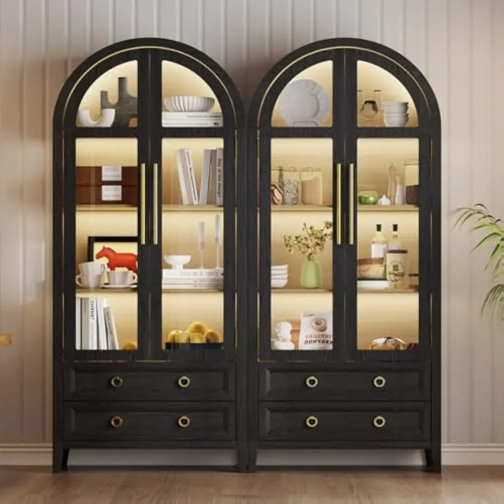 71" Arched Display Cabinet with Glass Doors, 4-Tier Curio Cabinet with 3 Color Lights for Collectibles, Glass Display Case with