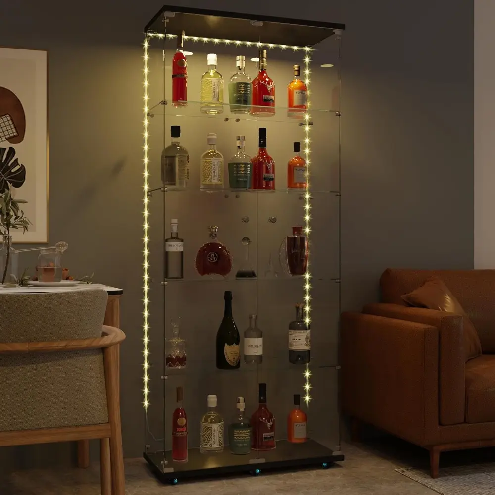 5-Tier Glass Display Cabinet with Bluetooth LED Light Strip, 2-Door Floor Standing Curio Cabinet with Universal Wheel for Home