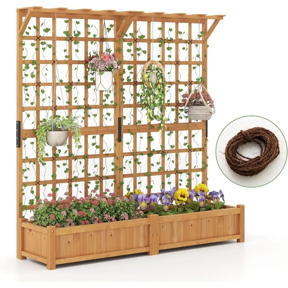 HAPPYGRILL 71" Raised Garden Bed with Trellis, Wood Planter Container w/2 Hanging Roof & Garden Boxes, 4 Drainage Holes, Outdoor