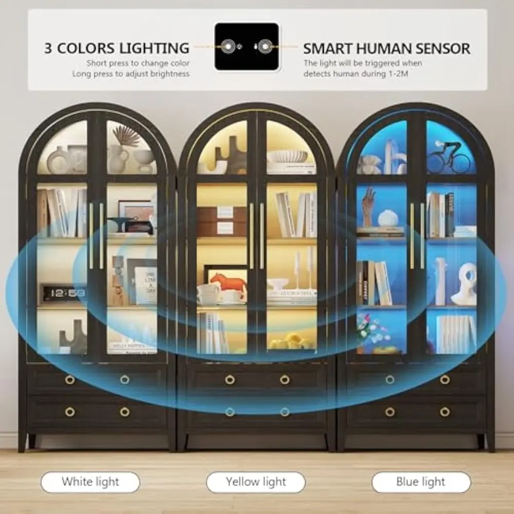71" Arched Display Cabinet with Glass Doors, 4-Tier Curio Cabinet with 3 Color Lights for Collectibles, Glass Display Case with