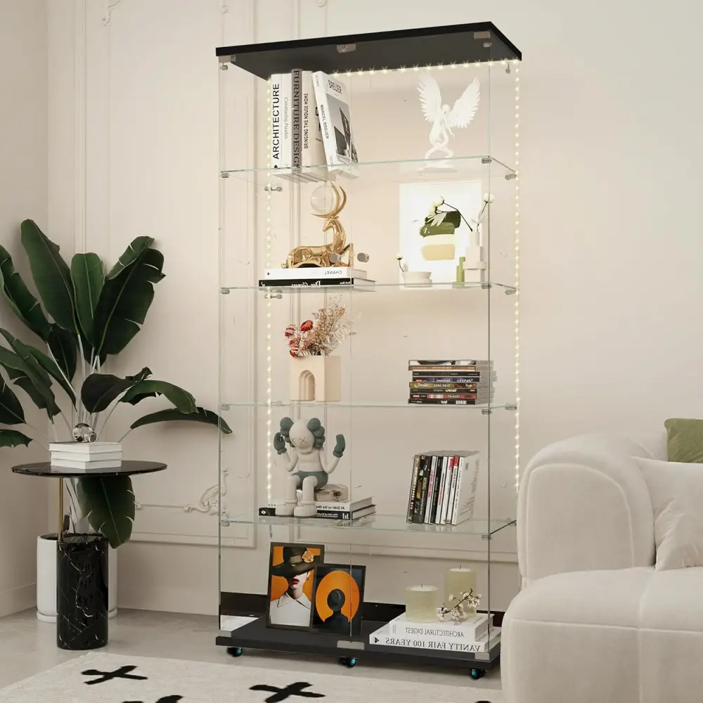 5-Tier Glass Display Cabinet with Bluetooth LED Light Strip, 2-Door Floor Standing Curio Cabinet with Universal Wheel for Home