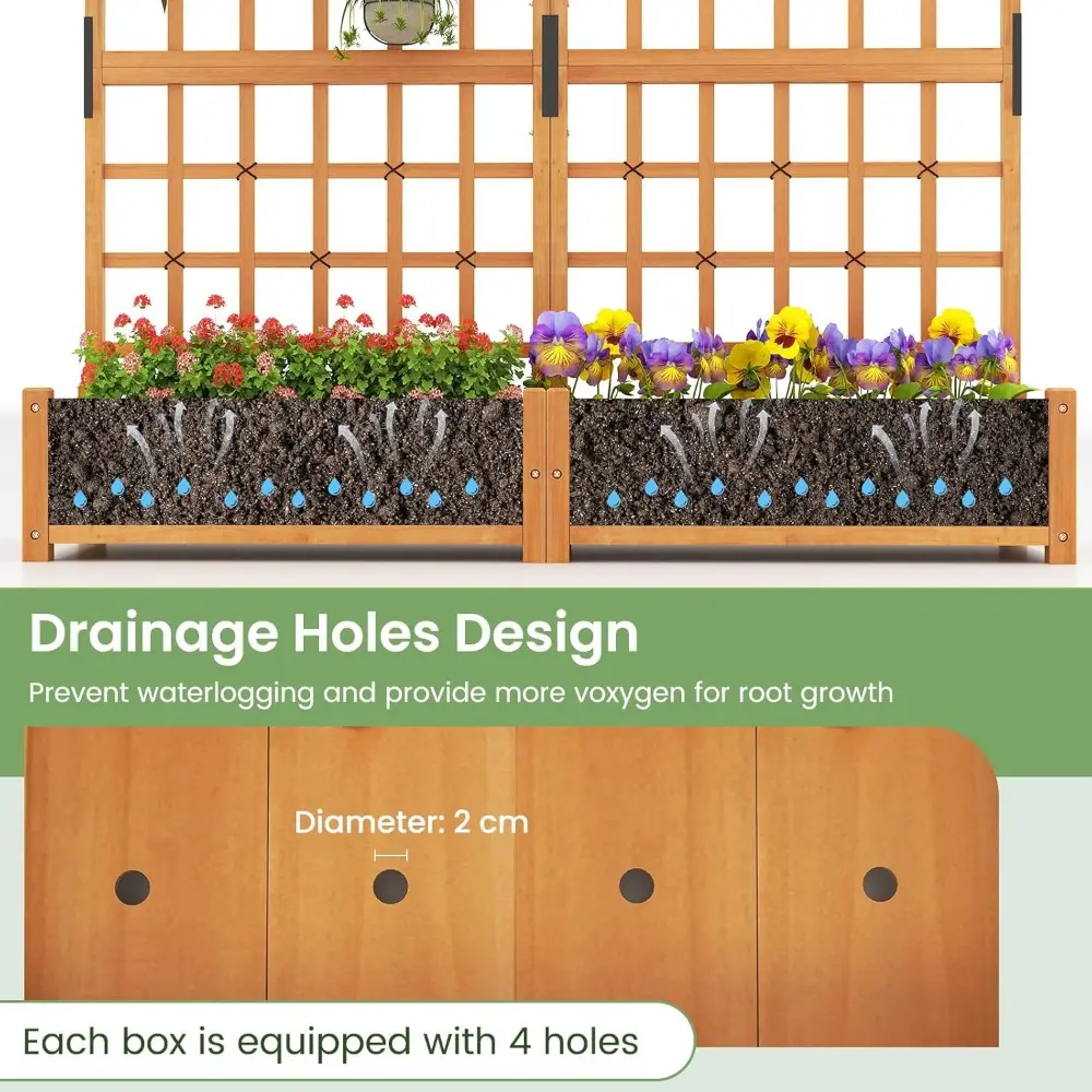 HAPPYGRILL 71" Raised Garden Bed with Trellis, Wood Planter Container w/2 Hanging Roof & Garden Boxes, 4 Drainage Holes, Outdoor