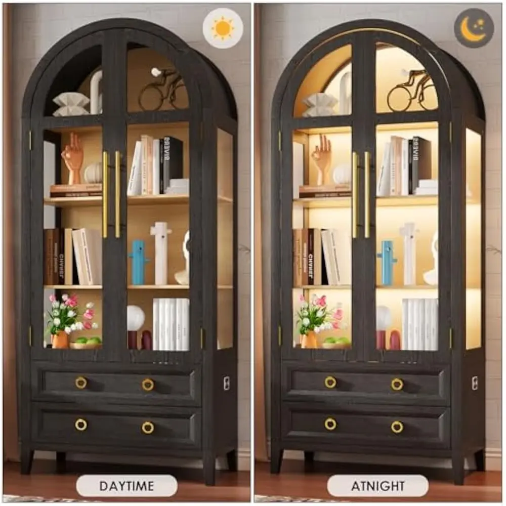 71" Arched Display Cabinet with Glass Doors, 4-Tier Curio Cabinet with 3 Color Lights for Collectibles, Glass Display Case with