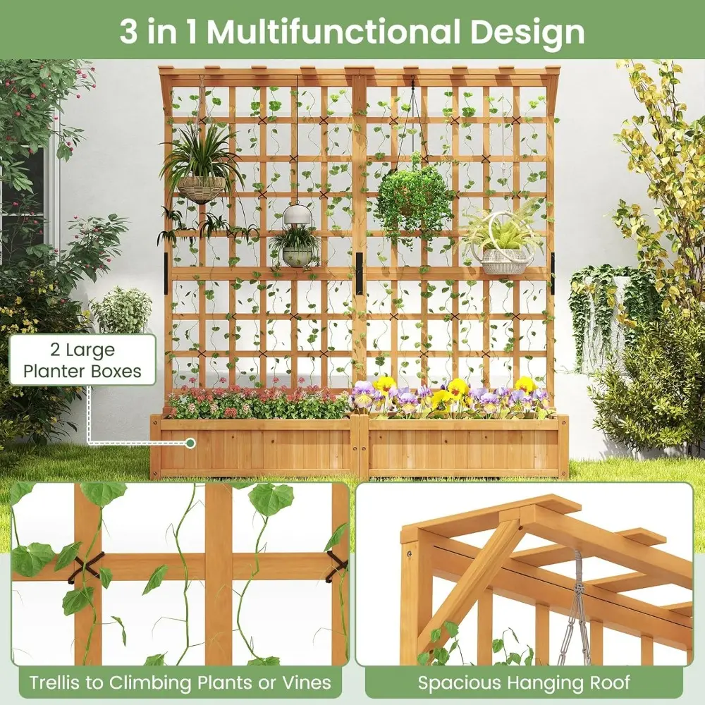 HAPPYGRILL 71" Raised Garden Bed with Trellis, Wood Planter Container w/2 Hanging Roof & Garden Boxes, 4 Drainage Holes, Outdoor