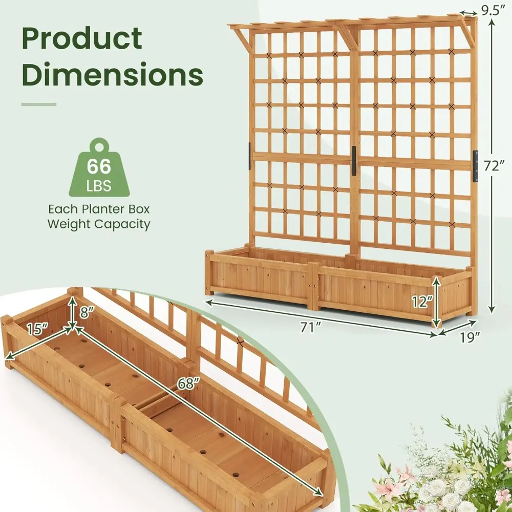 HAPPYGRILL 71" Raised Garden Bed with Trellis, Wood Planter Container w/2 Hanging Roof & Garden Boxes, 4 Drainage Holes, Outdoor
