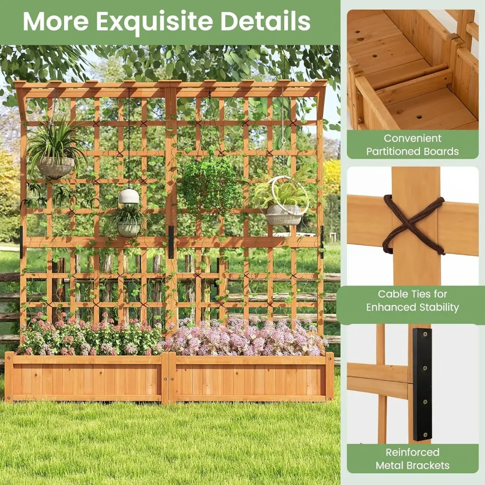 HAPPYGRILL 71" Raised Garden Bed with Trellis, Wood Planter Container w/2 Hanging Roof & Garden Boxes, 4 Drainage Holes, Outdoor