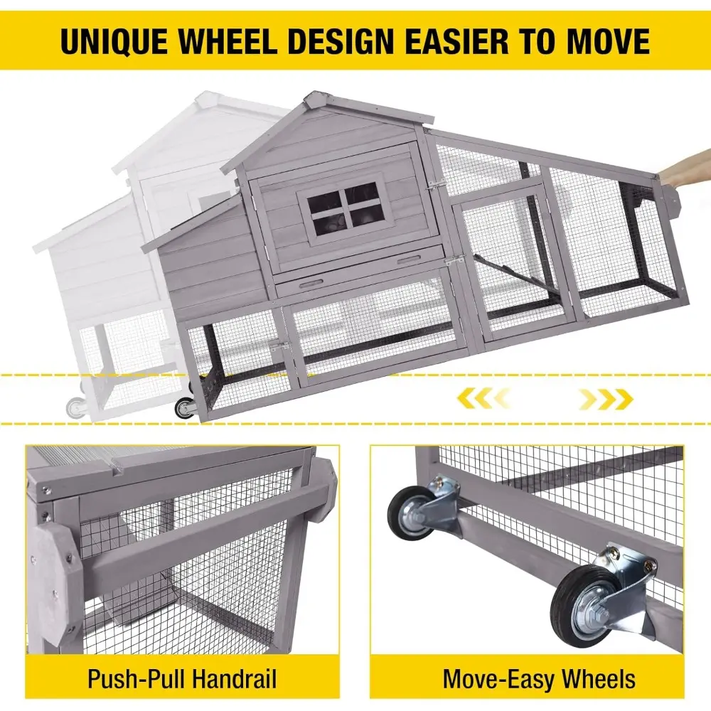 Chicken Coop Mobile Hen Coop, Large Poultry Cage with Wheels Outdoor Backyard Chicken House