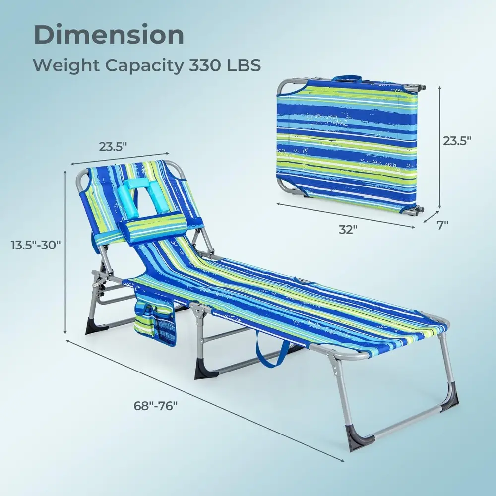 Tanning Chair, Folding Beach Lounge Chair with Face &Arm Hole, 5-Position Adjustable,Removable Pillow,Side Pocket, Sunbathing C