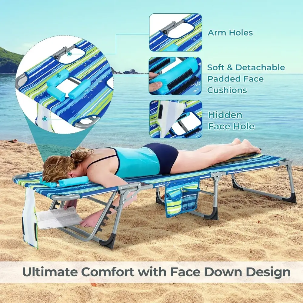 Tanning Chair, Folding Beach Lounge Chair with Face &Arm Hole, 5-Position Adjustable,Removable Pillow,Side Pocket, Sunbathing C