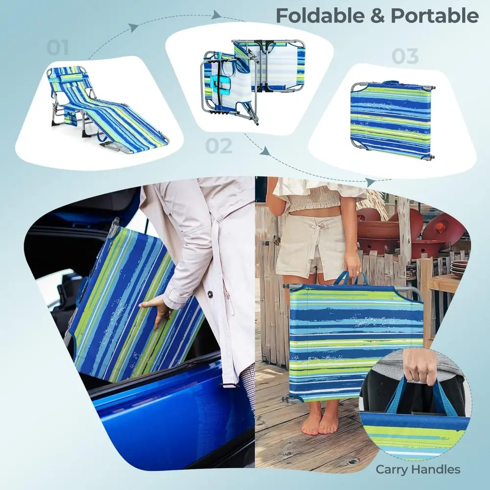 Tanning Chair, Folding Beach Lounge Chair with Face &Arm Hole, 5-Position Adjustable,Removable Pillow,Side Pocket, Sunbathing C