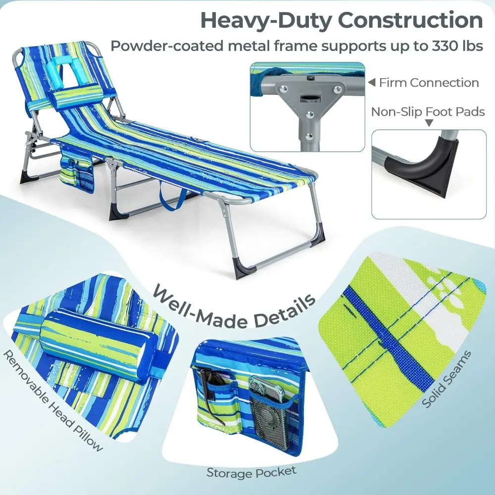 Tanning Chair, Folding Beach Lounge Chair with Face &Arm Hole, 5-Position Adjustable,Removable Pillow,Side Pocket, Sunbathing C