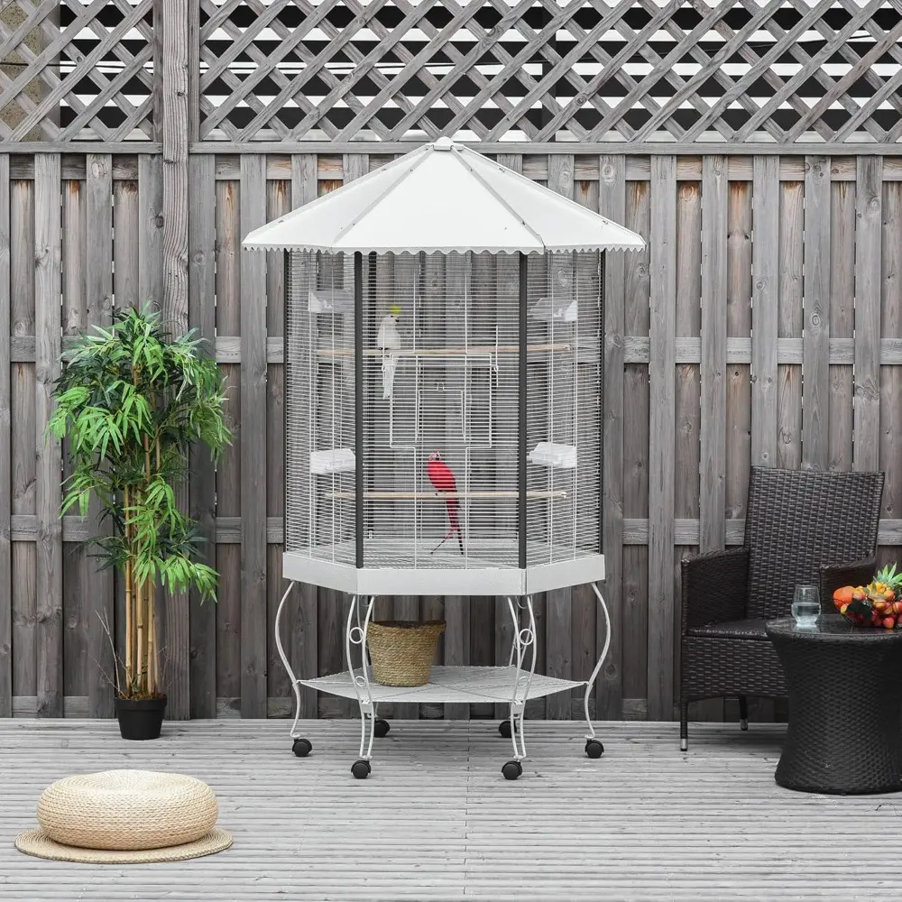 44" Hexagon Covered Canopy Portable Aviary Flight Bird Cage With Storage