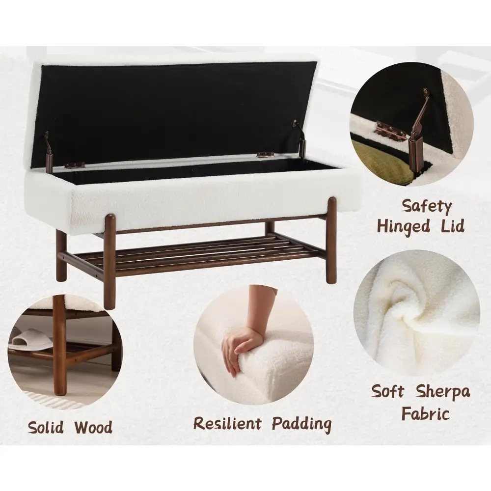 Entryway Storage Bench for Bedroom Sherpa End of Bed Ottoman Bench with Wood Shoe Storage for Living Room/Hallway/Under Window/