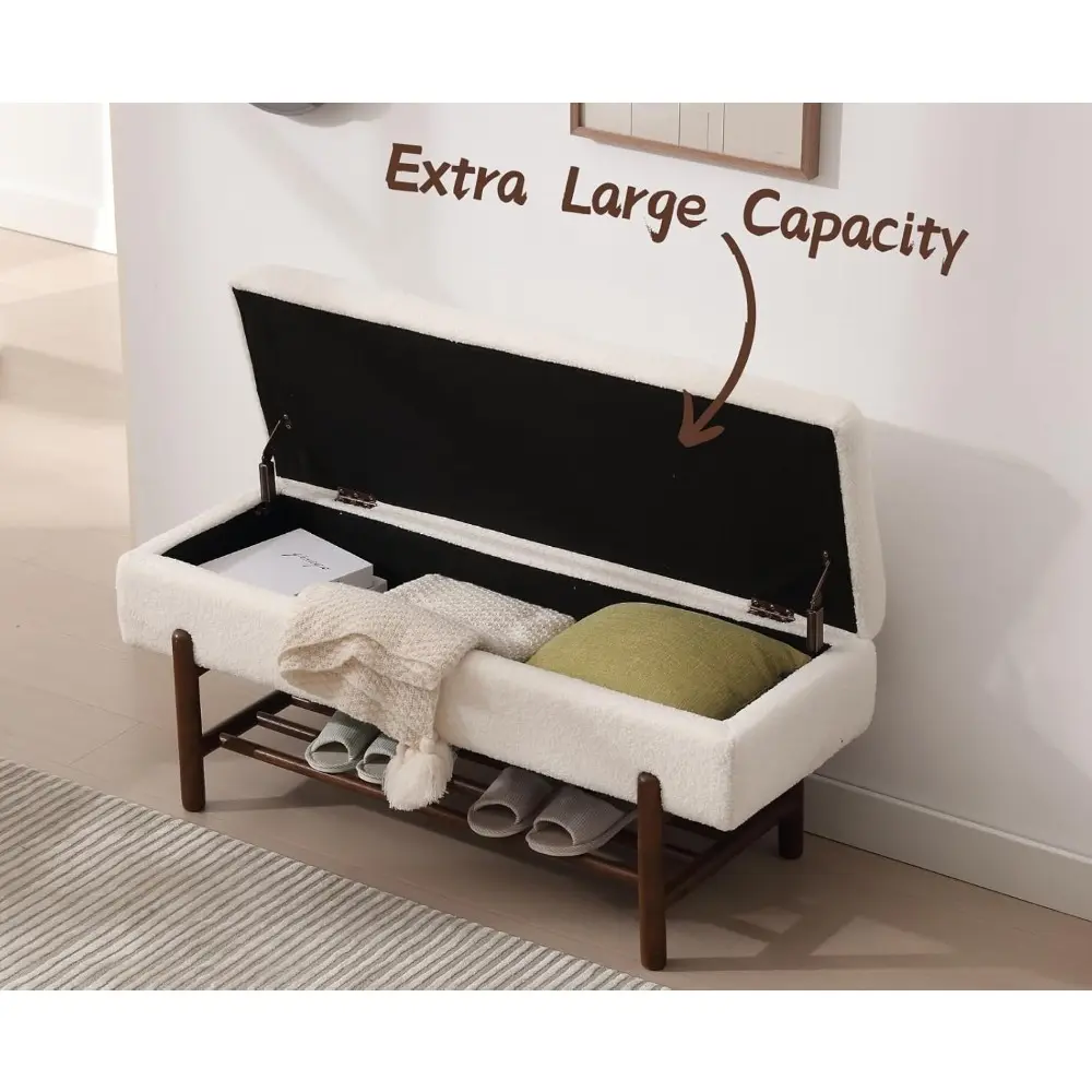 Entryway Storage Bench for Bedroom Sherpa End of Bed Ottoman Bench with Wood Shoe Storage for Living Room/Hallway/Under Window/