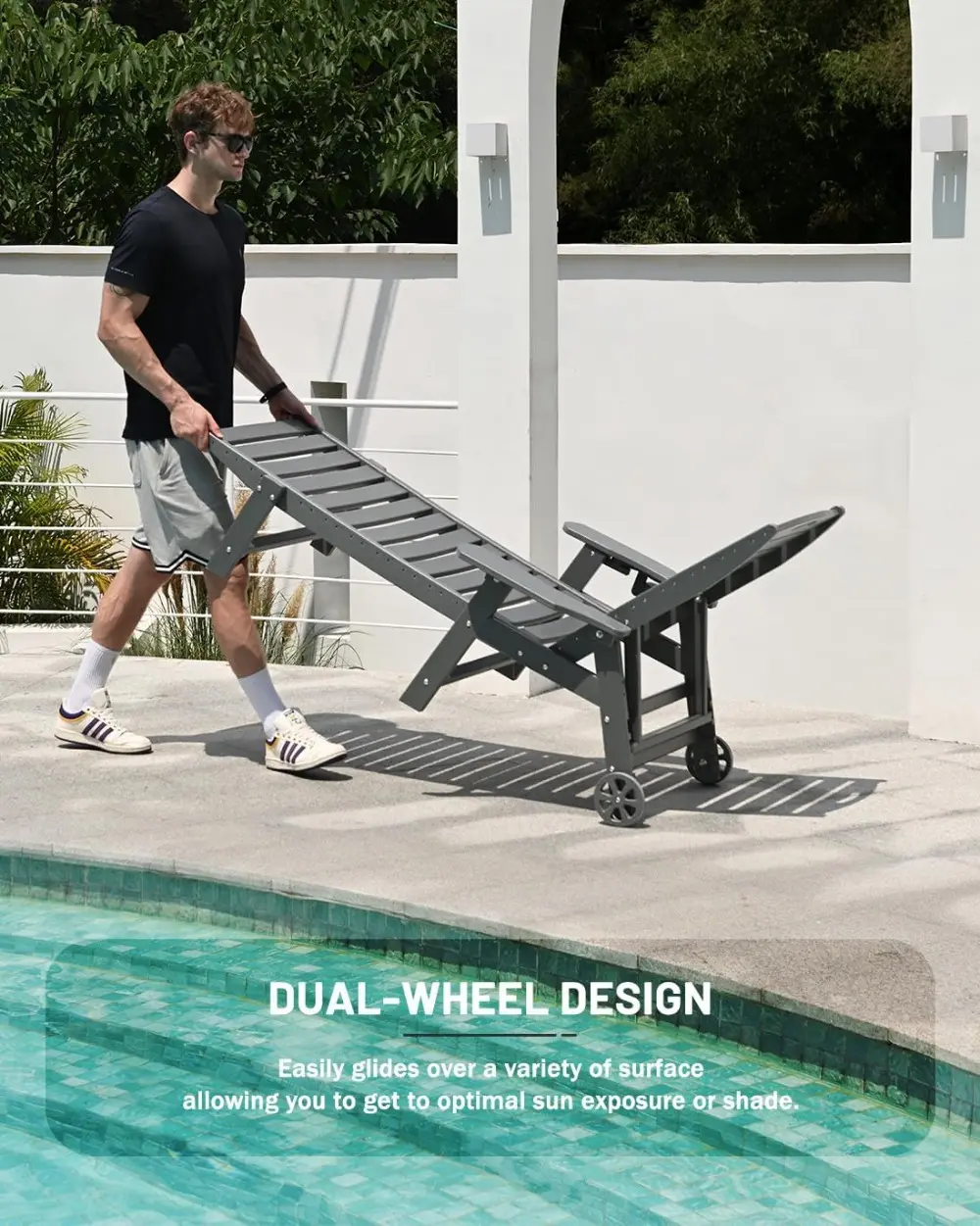 Lounge Chair Outdoor Set of 2, HDPE Chaise Lounge Outdoor with 6-Position & Wheels &Cup Holder, Pool Lounge Chair for Pool
