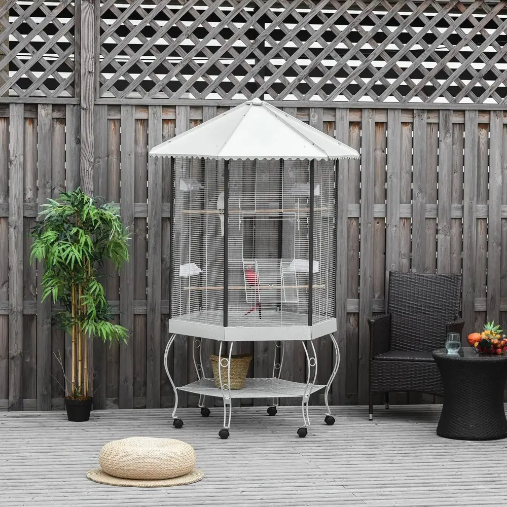44" Hexagon Covered Canopy Portable Aviary Flight Bird Cage With Storage