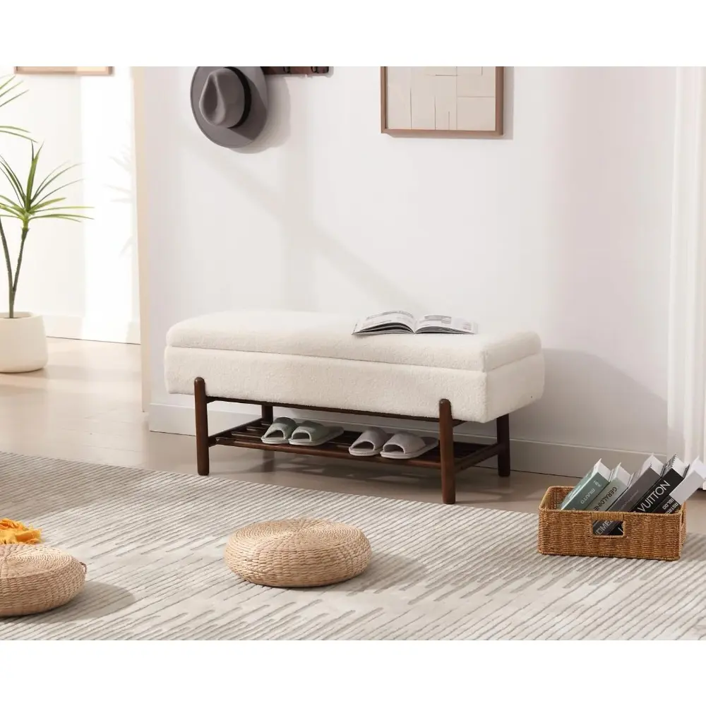 Entryway Storage Bench for Bedroom Sherpa End of Bed Ottoman Bench with Wood Shoe Storage for Living Room/Hallway/Under Window/