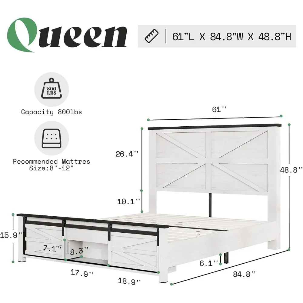 AMERLIFE 48.8" Farmhouse Wood Bed Frame Queen Size with Sliding Barn Door Storage Cabinets and Headboard, No Box Spring Needed,