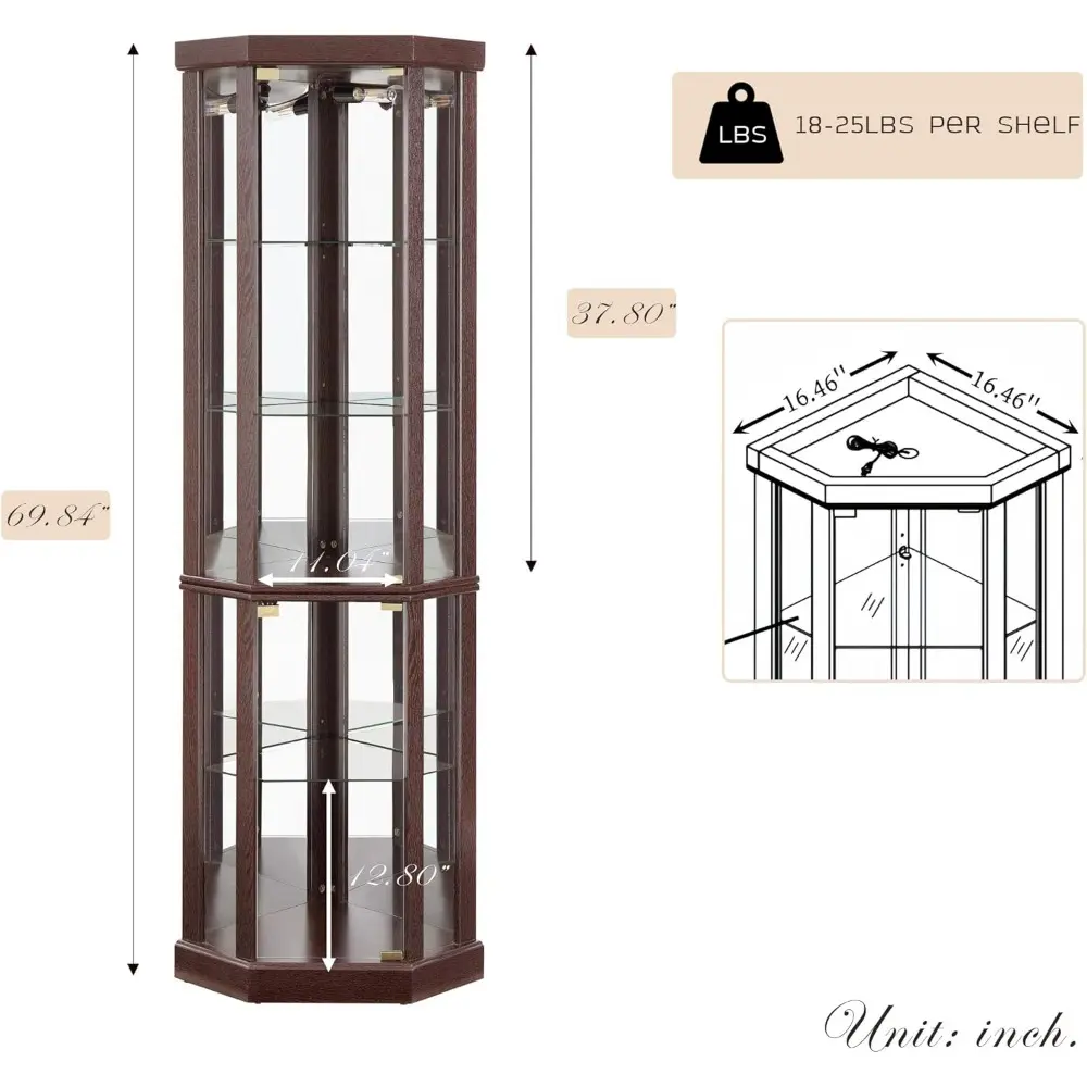 Corner Curio Cabinet, 70"H Lighted Glass Display Cabinet with Adjustable Shelve, Tempered Glass Doors, Bulb Inclued, Wooden Chin